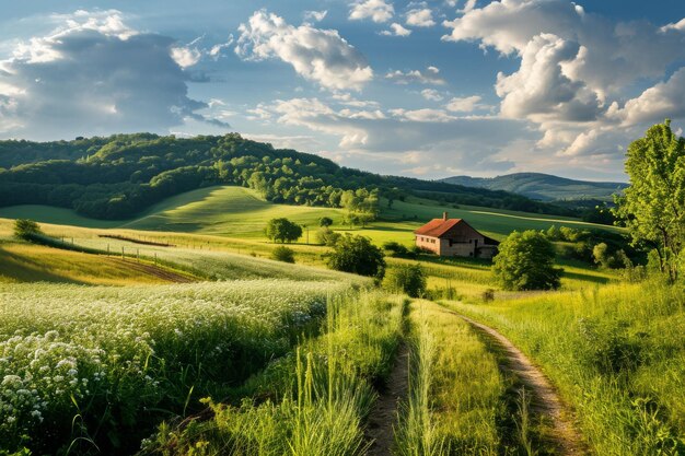 Un pintoresco campo con campos y una granja generada por la IA