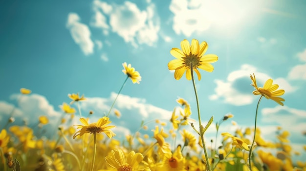 El pintoresco campo de flores de árnica bajo un fondo de cielo pacífico