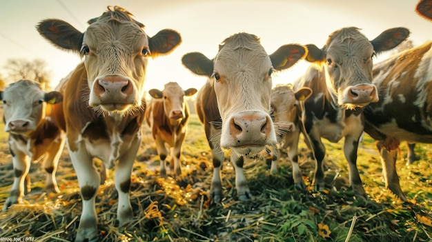 En un pintoresco campo tres vacas se paran con gracia mirando directamente al espectador con curiosidad y calma