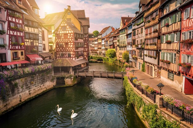 Foto el pintoresco distrito de petite france en estrasburgo, casas en el río