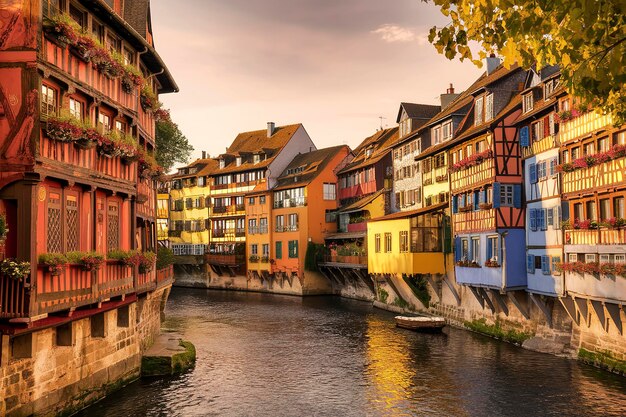 Foto el pintoresco distrito de petite france en estrasburgo, casas en el río