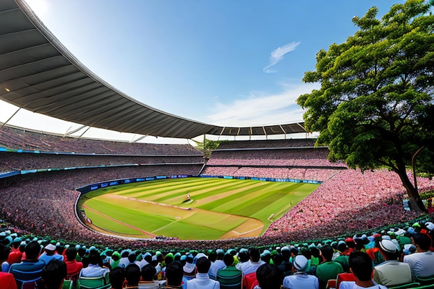 Foto un pintoresco estadio de cricket con un exuberante campo verde y una animada multitud de espectadores