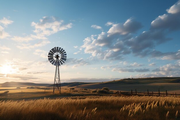 Pintoresco molino de viento en un campo rural