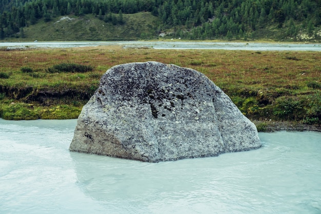 Pintoresco paisaje alpino con gran piedra cubierta de musgo en el agua azul clara del río de la montaña