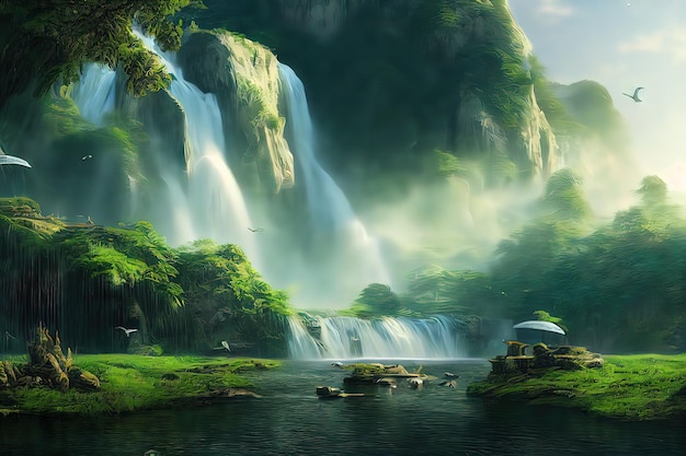 Pintoresco paisaje con cascada y dinosaurios voladores Pintura de ilustración de estilo de arte digital