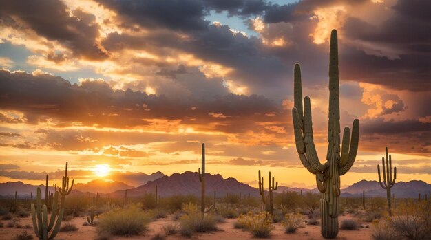 Pintoresco paisaje desértico de Arizona con cactus Saguaro y nubes dramáticas al atardecer