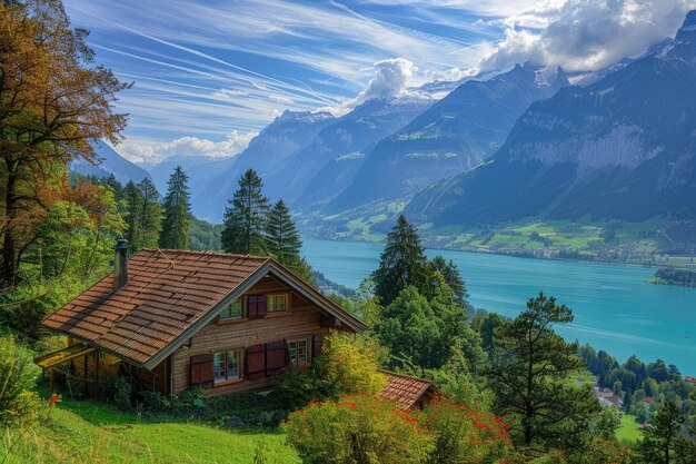 El pintoresco paisaje horizontal del valle de Interlaken y el lago Thunersee en los pintorescos Alpes suizos