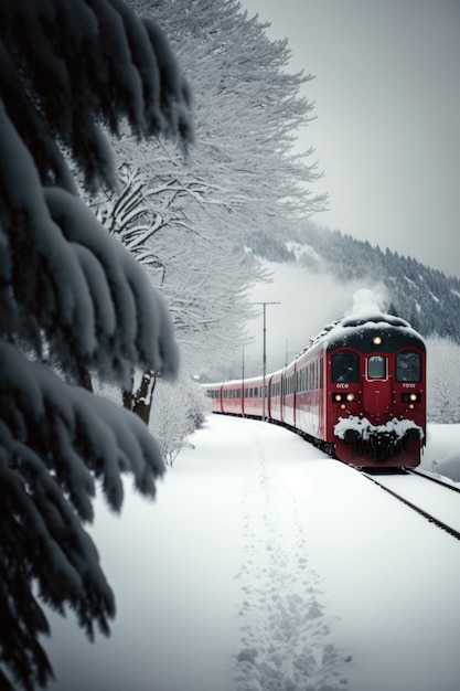 Pintoresco paisaje invernal con tren en las montañas creado con tecnología de IA generativa