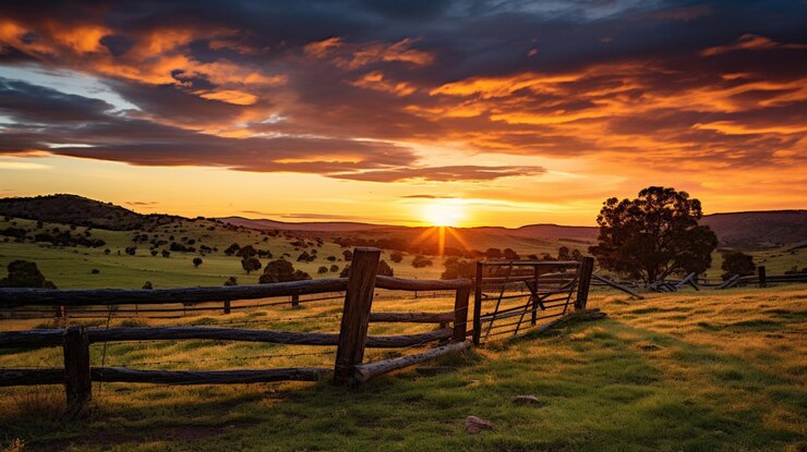 Pintoresco paisaje de madera rancho cercado amanecer imagen de fondo Ai generado arte