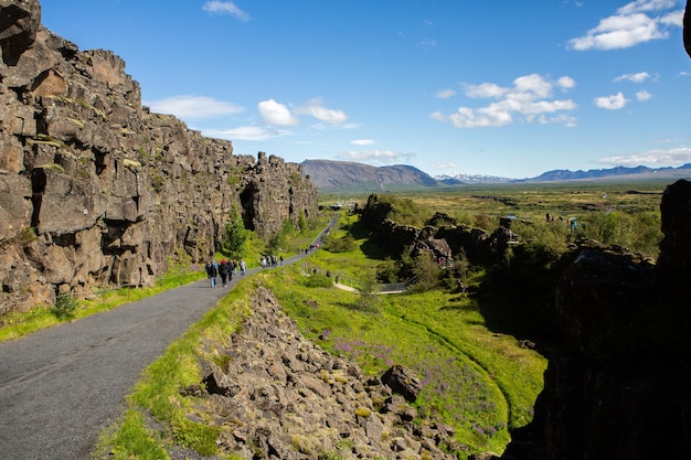 Pintoresco paisaje con naturaleza verde en Islandia durante el verano.