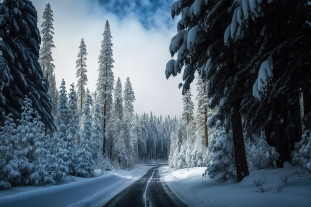 Pintoresco paisaje nevado de invierno con carretera en el bosque creado con tecnología de IA generativa