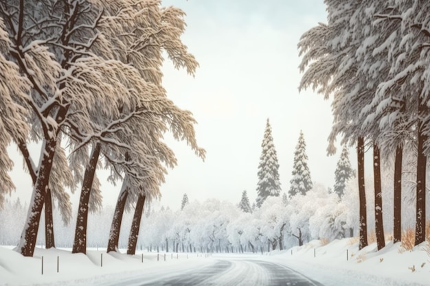 Pintoresco paisaje nevado de invierno con carretera en el bosque creado con tecnología de IA generativa