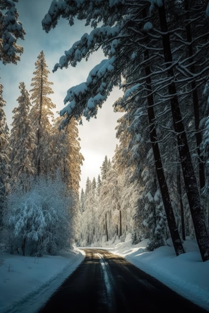 Pintoresco paisaje nevado de invierno con carretera en el bosque creado con tecnología de IA generativa