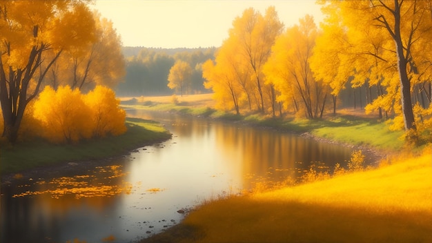 Pintoresco paisaje otoñal con árboles amarillos cerca del río en una mañana soleada y nublada el reflejo de los árboles en el agua del río otoño dorado generación de IA