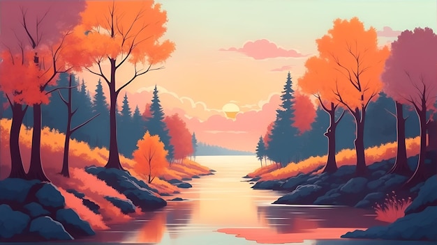 Pintoresco paisaje otoñal con árboles coloridos en la orilla del río durante el amanecer o el atardecer al estilo de la generación de IA de gráficos por computadora