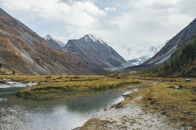 Pintoresco paisaje otoñal con arroyo de montaña en el valle con vistas a la gran roca con nieve en la parte superior y hermosas montañas nevadas bajo el sol. Arroyo con agua clara y grandes montañas cubiertas de nieve.