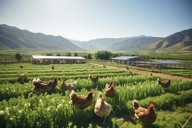 El pintoresco paisaje de una próspera granja orgánica donde los pollos vagan libremente proporcionando natural