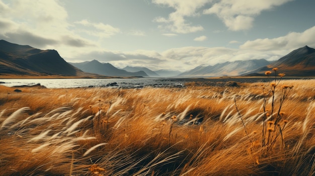 Un pintoresco paisaje de un vasto campo islandés con montañas en la distancia