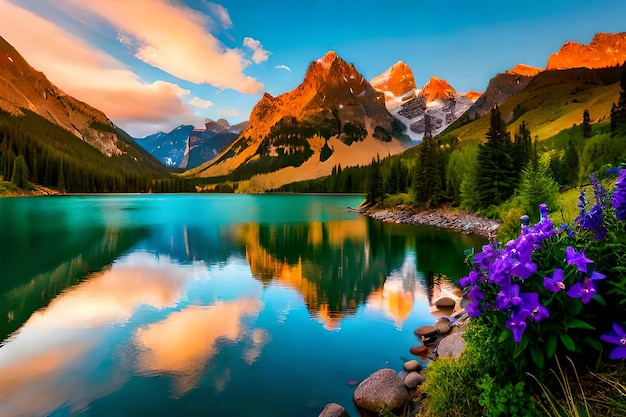 Foto pintoresco paraíso junto al lago sereno lago alpino en el bosque tranquilo refugio en un lago de montaña