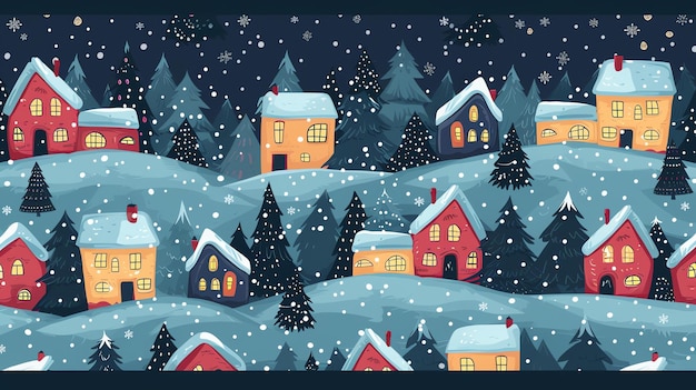 Un pintoresco patrón sin costuras que presenta un sereno pueblo cubierto de nieve envuelto en la oscuridad iluminado por el cálido resplandor de las luces parpadeantes que emanan de hogares acogedores y acogedores.