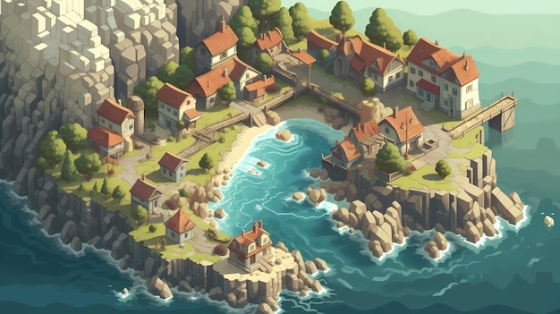 Un pintoresco pueblo costero con escarpados acantilados ilustración de arte digital