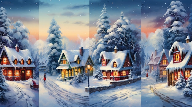 un pintoresco pueblo de invierno con cabañas cubiertas de nieve, luces centelleantes y una Navidad central