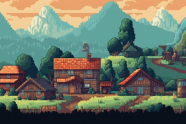 Pintoresco pueblo rodeado de majestuosas montañas en estilo pixel art