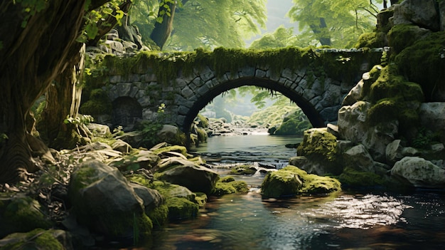 Un pintoresco puente sobre un sereno arroyo ubicado en un frondoso bosque