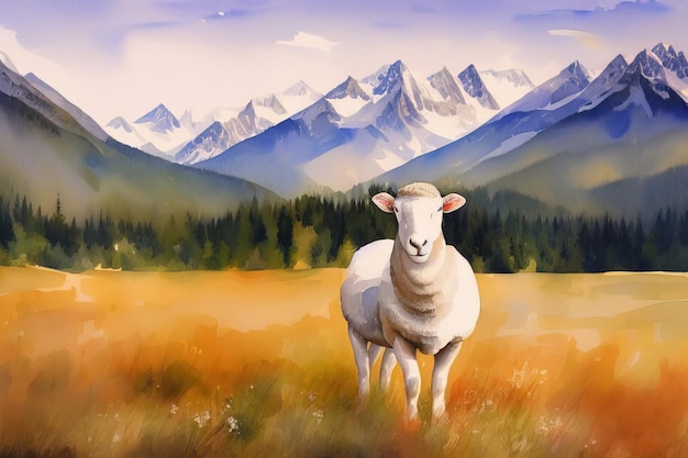 Pintoresco retrato de acuarela de ovejas alpinas pastando en el contexto de las montañas