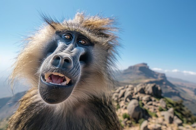 Foto un pintoresco retrato de cerca del babuino gelada en el paisajístico telón de fondo de las montañas simien en etiopía