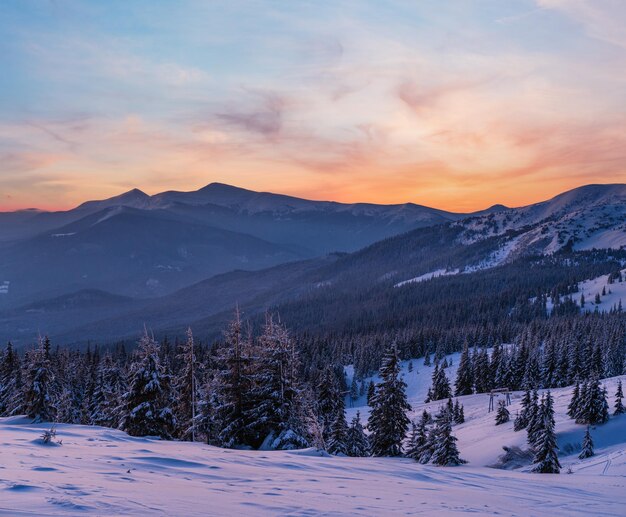 Foto pintorescos alpes de invierno amanecer la cresta más alta de los cárpatos ucranianos es chornohora con picos de las montañas hoverla y petros vista desde la cresta svydovets y la estación de esquí dragobrat