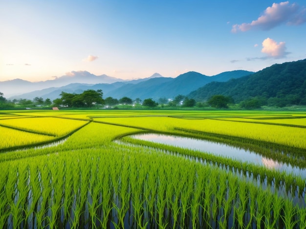 Pintorescos campos de arroz con montañas por la mañana