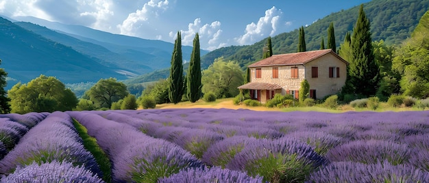 Pintorescos campos de lavanda con una casa rústica y una relajante escena natural capturada en un día de verano AI