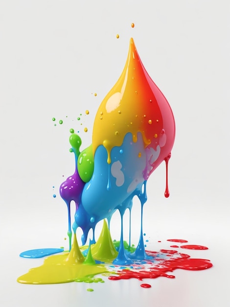 La pintura 3D de colores cae sobre el fondo blanco de pintura de pincel