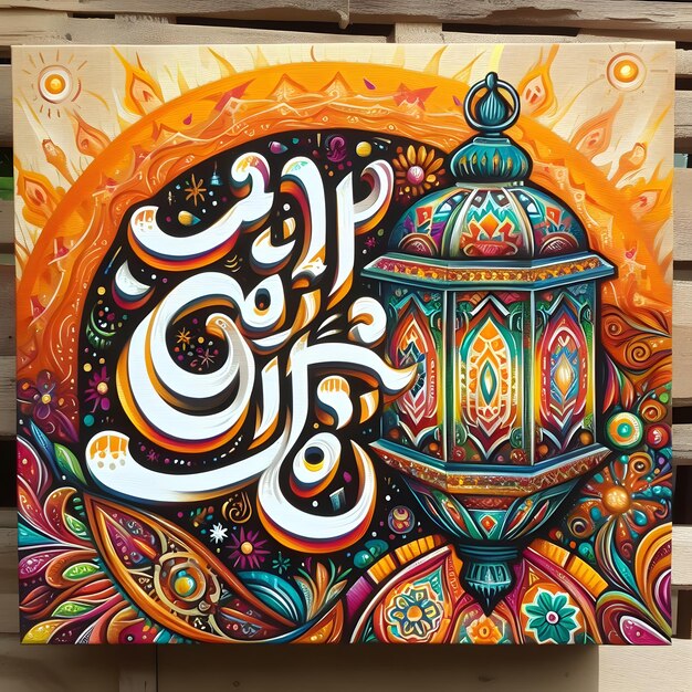 Foto pintura 3d de linterna islámica lámparas de eid con la palabra papel tapiz de ramadán