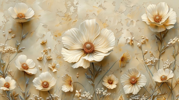 Pintura 3D texturizada a óleo de flores de primavera em lona Belos abstratos brancos e beig