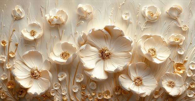 Pintura 3D texturizada en aceite de flores de primavera en lienzo hermoso blanco abstracto y beig