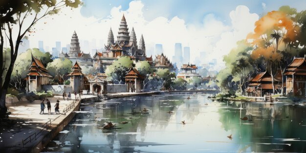 pintura a aquarela bangkok Ver edifícios e lugares como marcos