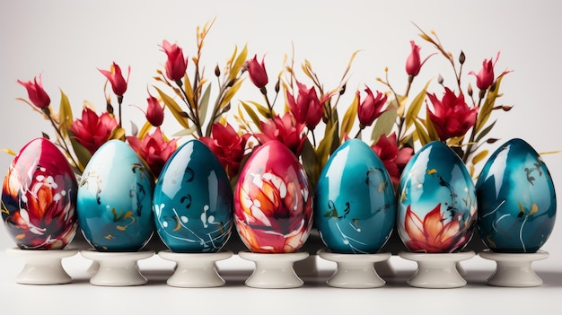 Pintura a aquarela conjunto de ovos de Páscoa com flores de primavera arte em branco
