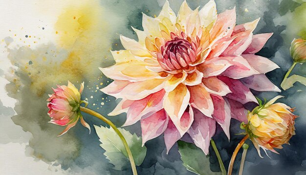 Pintura a aquarela da flor Dahlia Arte botânica desenhada à mão Composição floral bonita