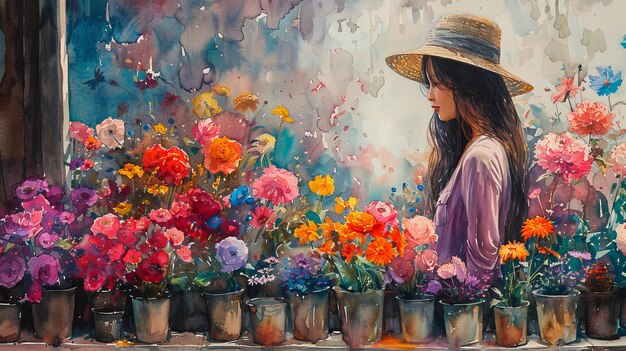 Foto pintura a aquarela da mulher na loja de flores