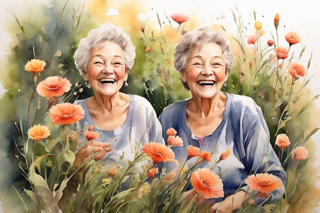 Pintura a aquarela de duas mulheres idosas felizes em um campo de papoulas