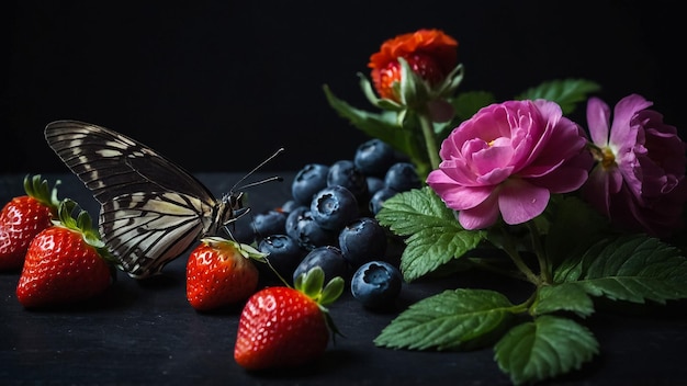 Pintura a aquarela de folhas e flores com padrão sem costura em fundo escuro