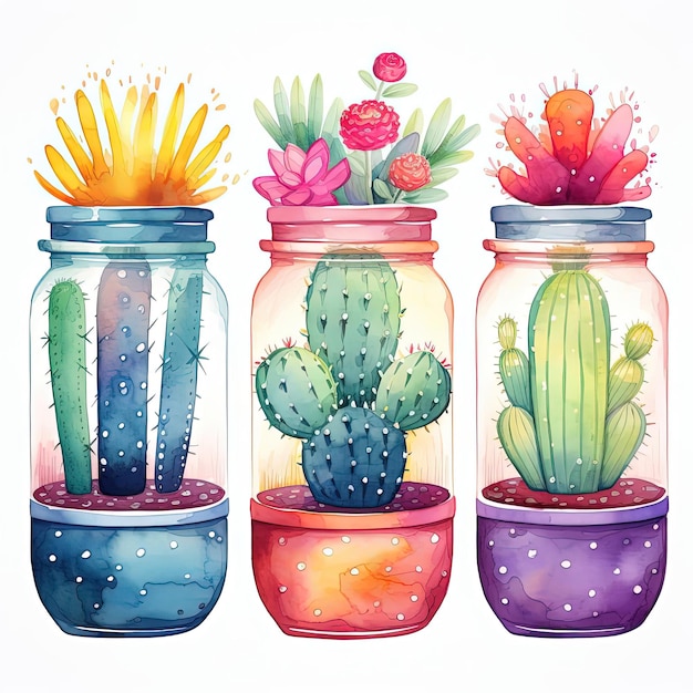 Foto pintura a aquarela de frascos de cactos ilustrações a aquarelas coloridas em estilo impresso