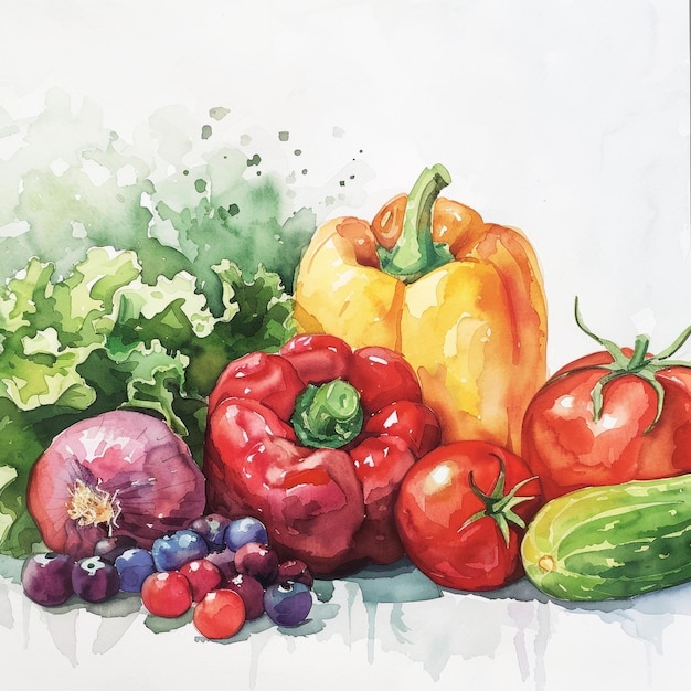 Pintura a aquarela de frutas e legumes com fundo branco