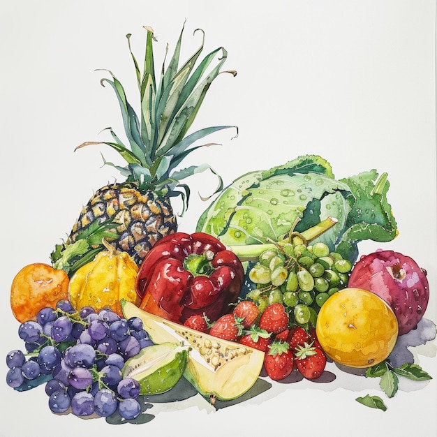 Foto pintura a aquarela de frutas e legumes com fundo branco