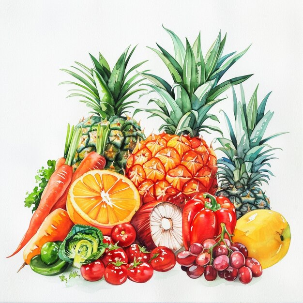 Foto pintura a aquarela de frutas e legumes com fundo branco