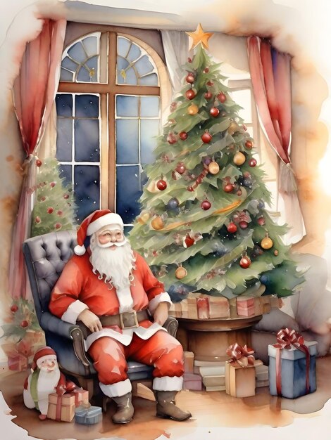 pintura a aquarela de Papai Noel ao lado de uma árvore de Natal