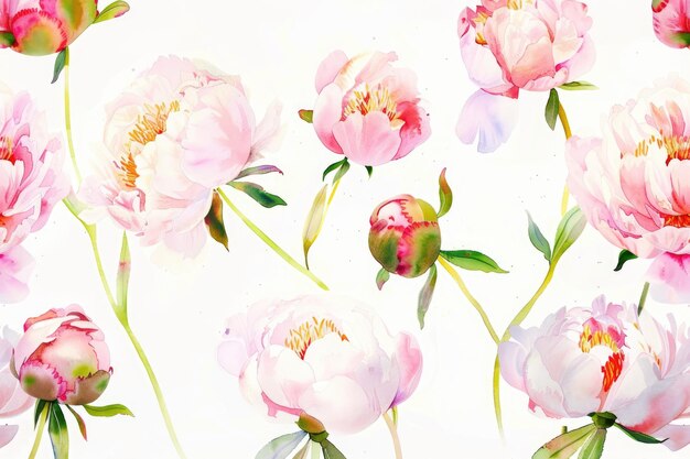 Pintura a aquarela de peônias cor-de-rosa sobre um fundo branco