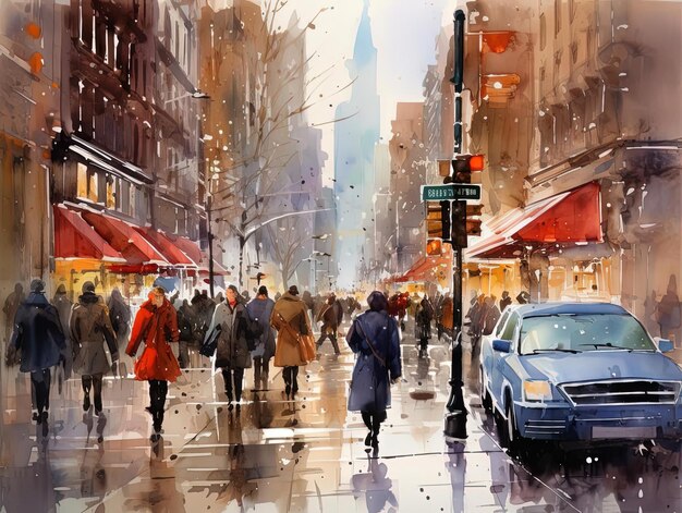 pintura a aquarela de pessoas a caminhar pela rua no estilo de Daniel James